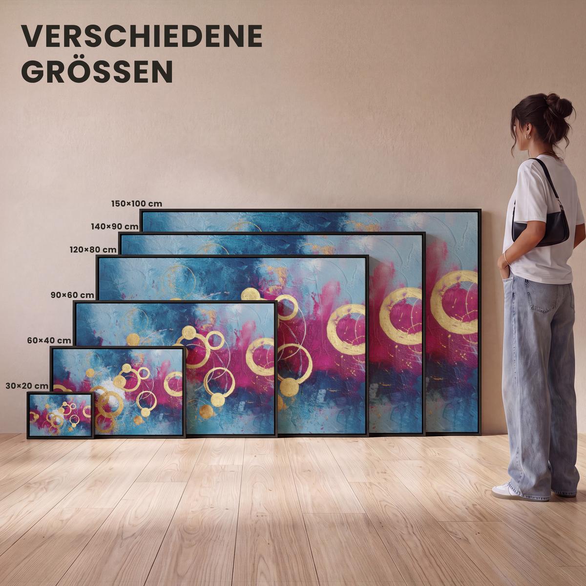 LEINWAND Bilder mit Rahmen - Kreise - Gold - Abstrakt - 150x100 - Blau, Textil (150/100cm) - MuchoWow
