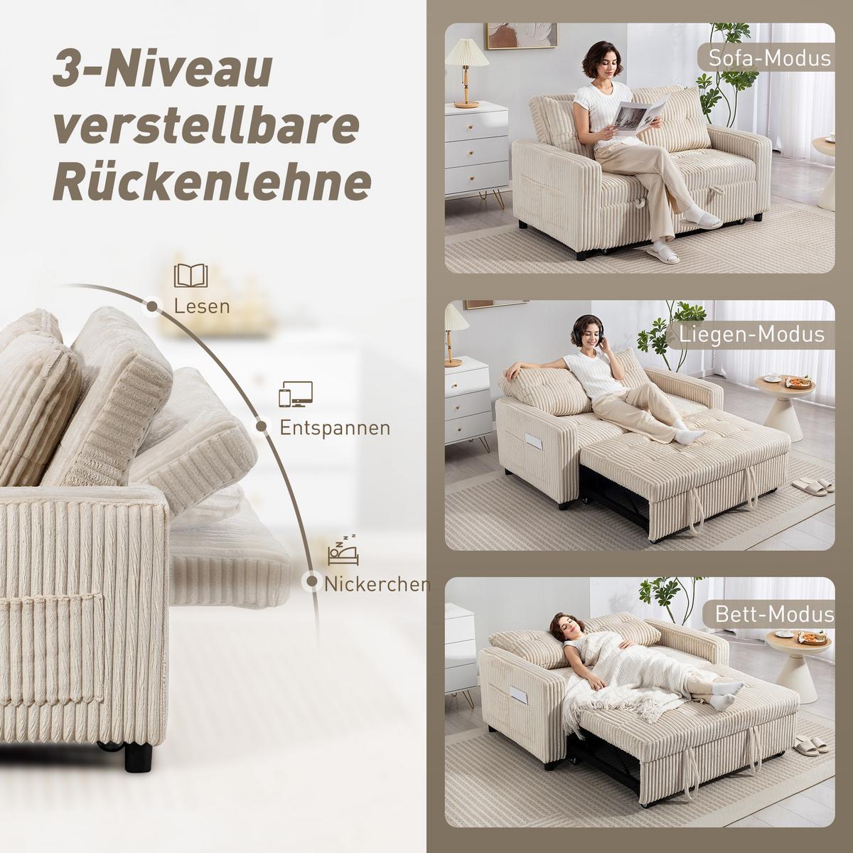 SCHLAFSOFA Polyester Stahl Cremeweiß - Creme/Schwarz, Kunststoff/Textil (90/91/157cm) - HOMCOM