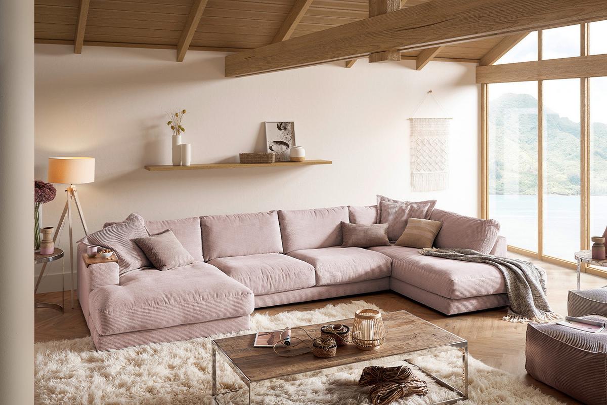 WOHNLANDSCHAFT MADELINE Pink Cord - Schwarz/Rosa, Kunststoff/Textil (425/86/224cm) - KAWOLA
