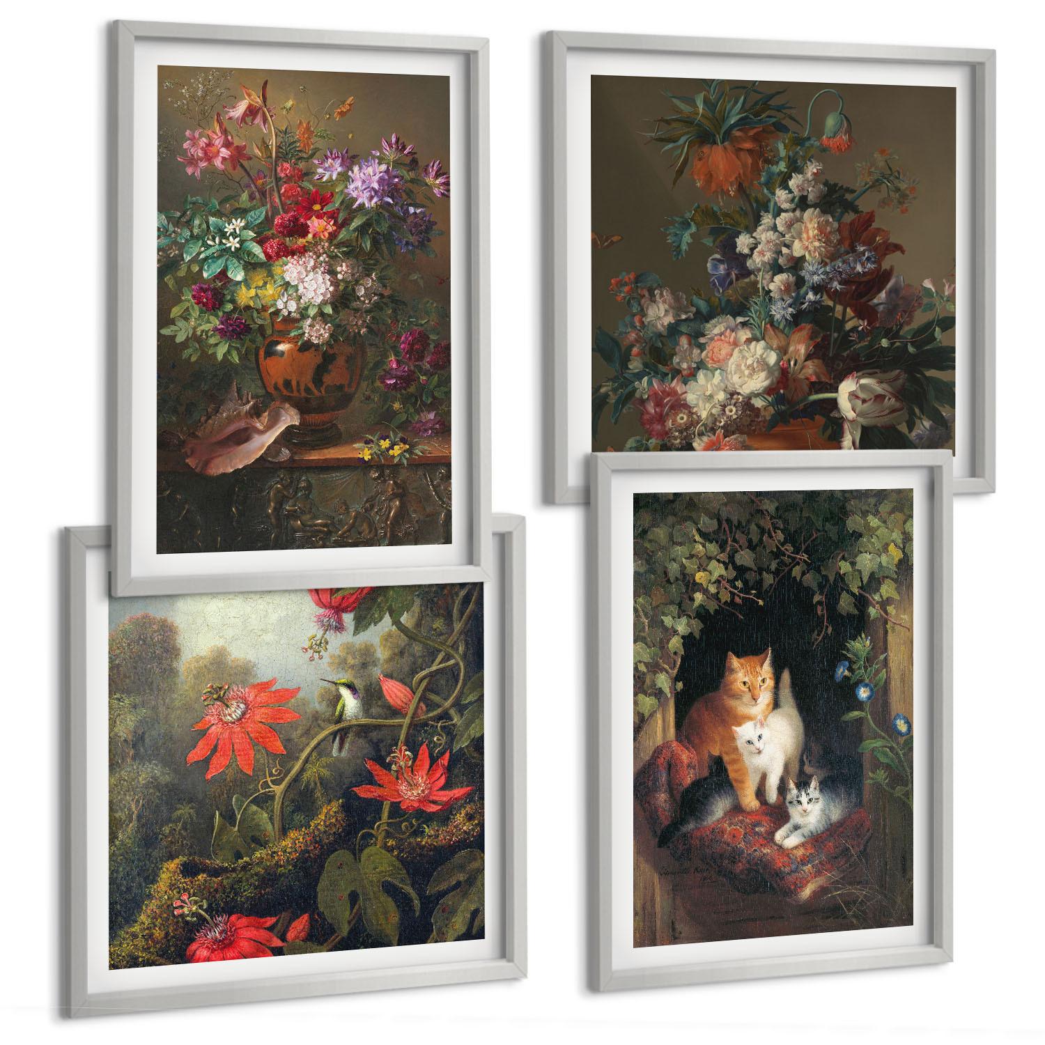 BILDER SET 4er Set - 50x50 cm & 40x60 cm Silberner Rahmen - Vintage-Blumen, Katzen, Pflanzen - Silberfarben, Kunststoff (50/50cm) - TULUP