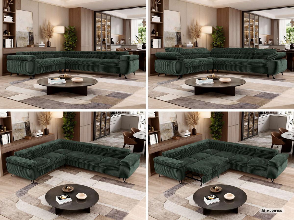 ECKSOFA NORDEN L - Dunkelgrün Cord - Rechts Seite - Dunkelgrün/Schwarz, Textil/Metall (329/269cm) - MKS
