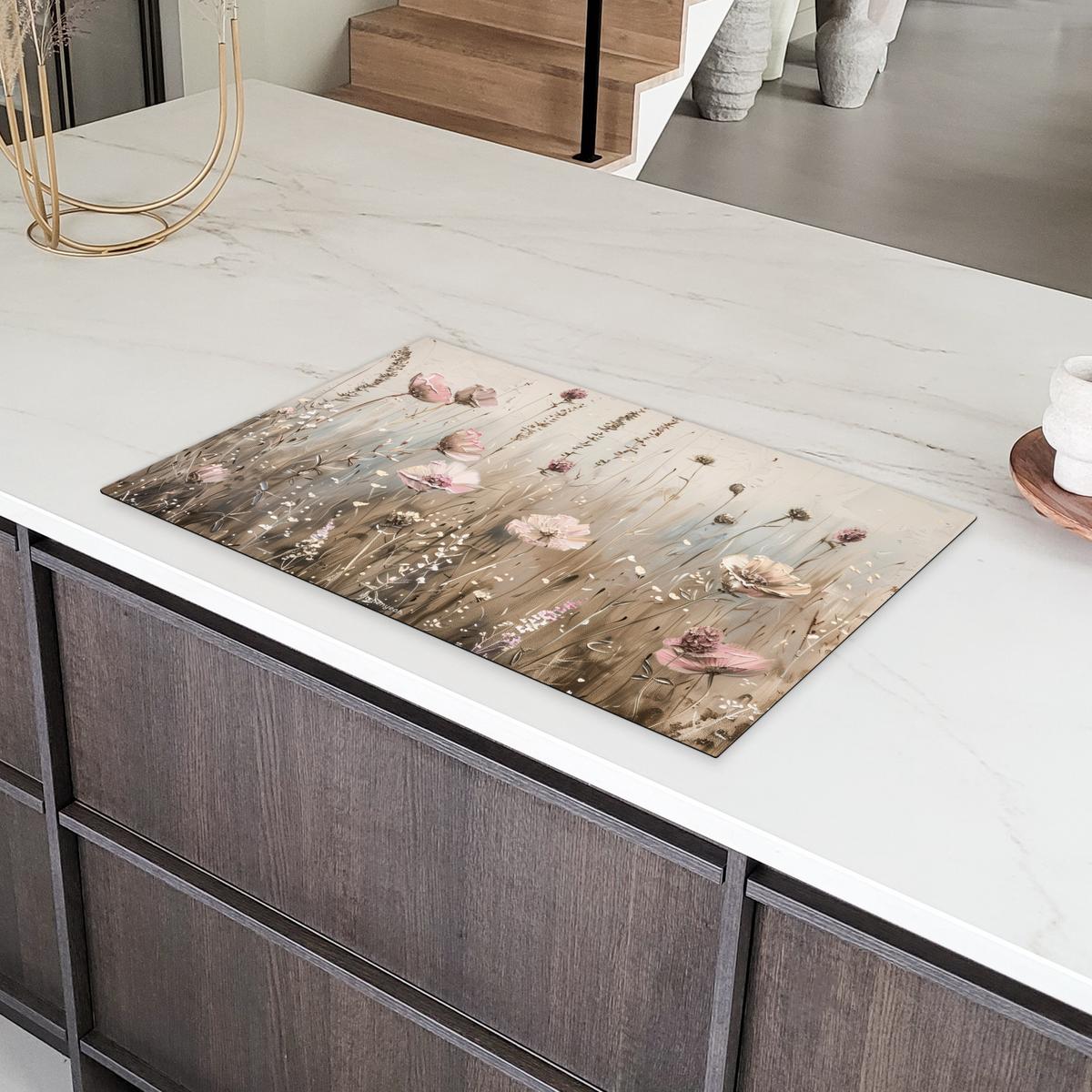 HERDABDECKPLATTE Blumen - Beige - Trockenblumen Induktionsmatte 83x51 cm - Beige, Kunststoff (83/51.5/0.2cm) - MuchoWow
