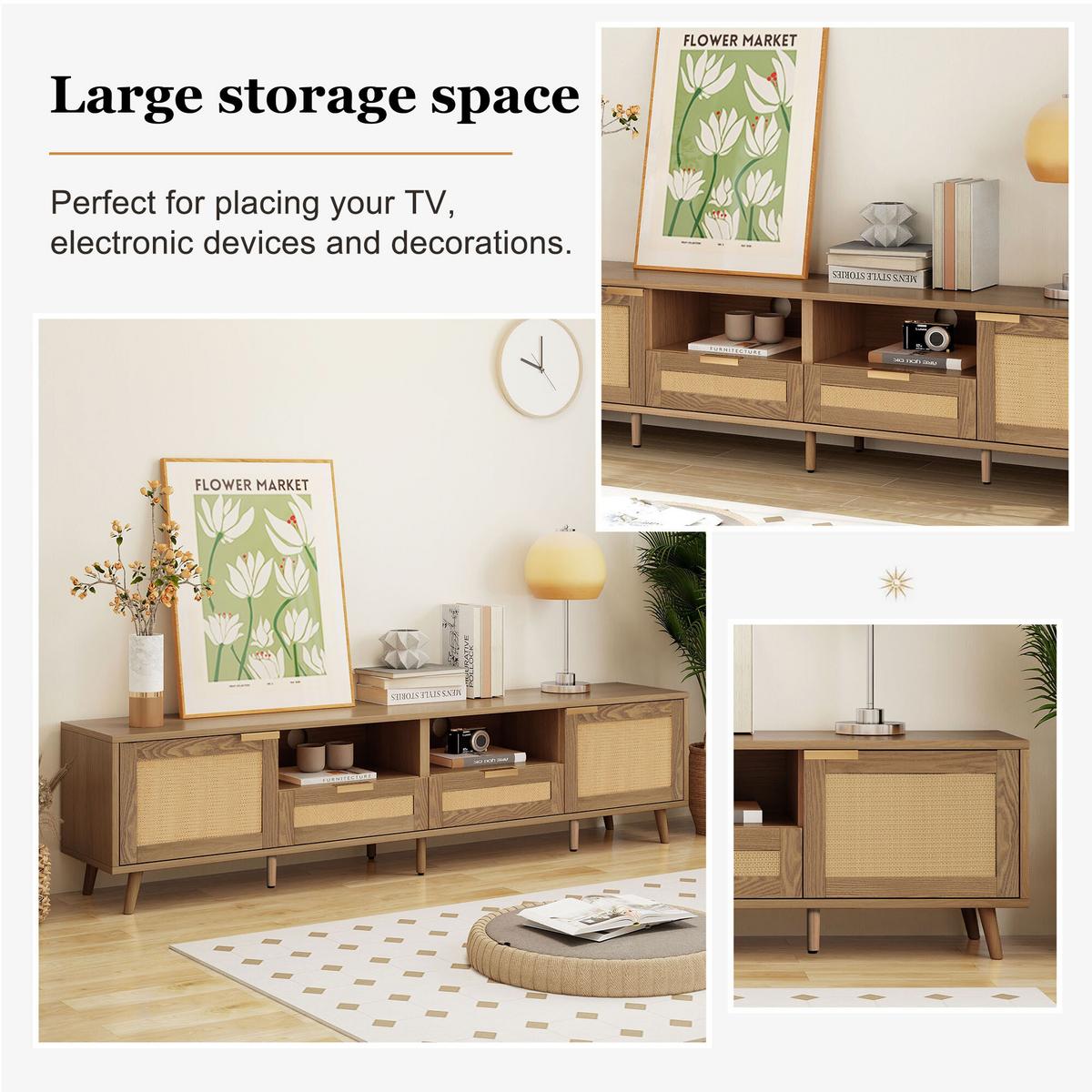 TV STOLÍK Z RATANU – nohy z masívneho dreva – 200 x 37 x 49 cm - Braun, Holz (37/49/200cm) - Urban Meuble