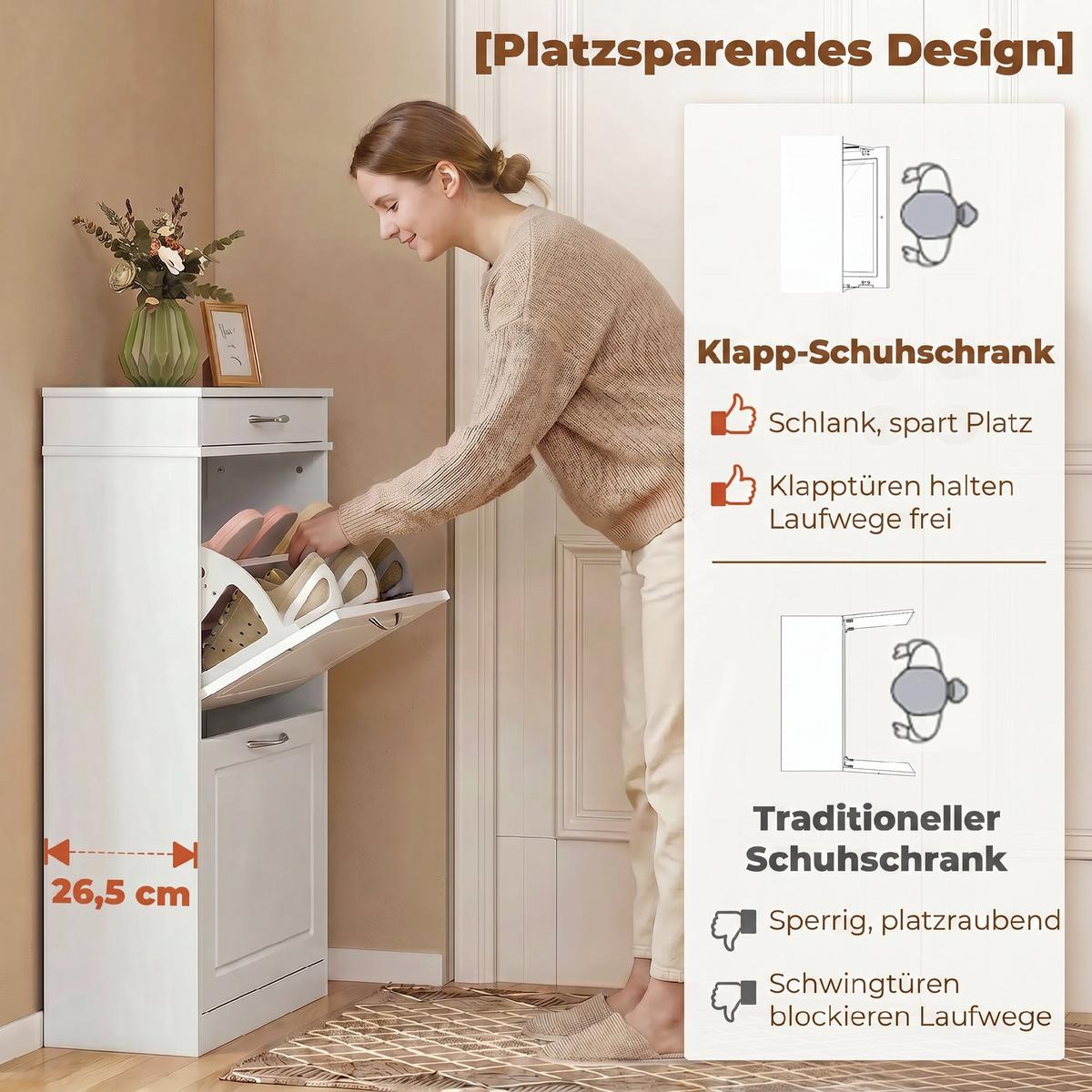SCHUHSCHRANK MDF Weiß - Weiß/Nickelfarben, Holzwerkstoff/Metall (26.5/89/53cm) - HOMCOM