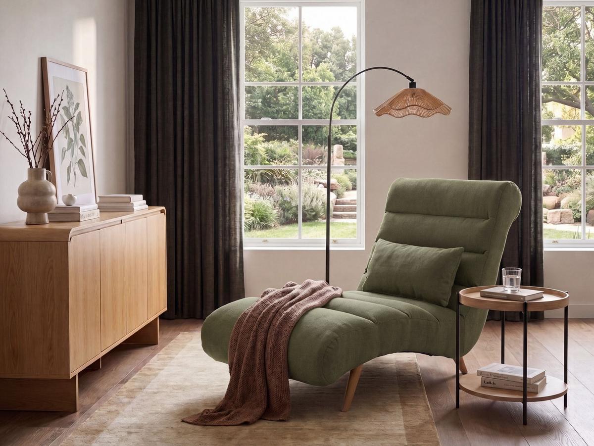 CHAISELONGUE Stoff Grün Rives - Hellbraun/Braun, Textil (78/97/160cm) - Beliani