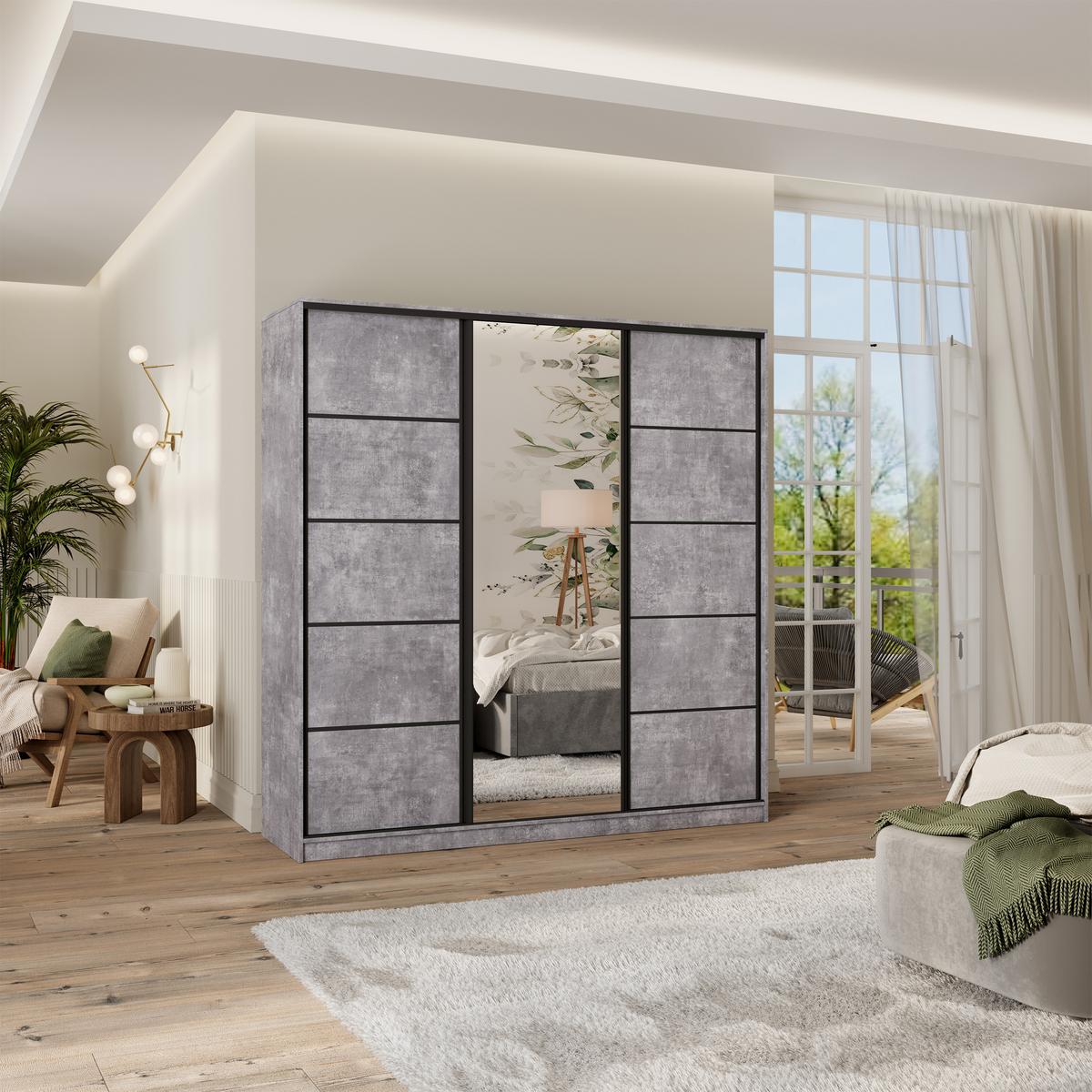 SCHWEBETÜRENSCHRANK PINA 180/205/58 cm 3-türig mit Spiegel und Schubladen Titanfarben - Titanfarben/Schwarz, Holzwerkstoff (180/205/58cm) - MASSENO