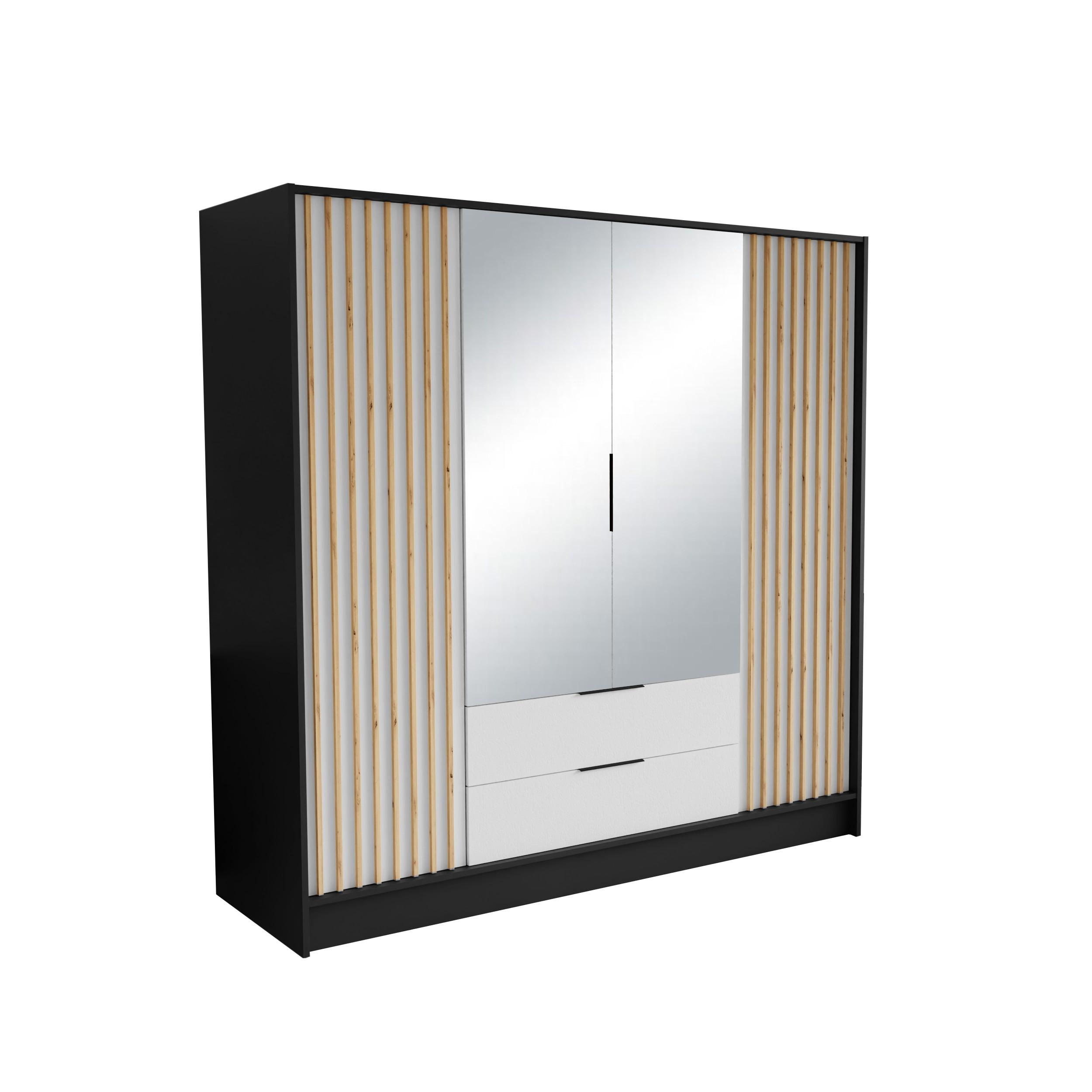 DREHTÜRENSCHRANK PELOR 200/200/51 cm Modern Kleiderschrank 4-türig mit Spiegel Schwarz - Schwarz/Weiß, Holzwerkstoff (200/200/51cm) - MASSENO