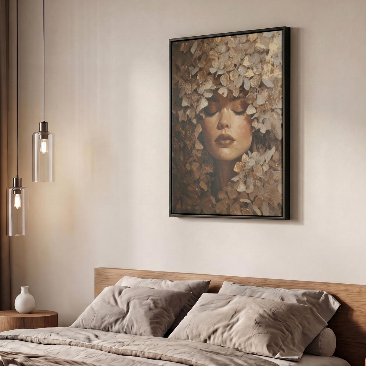 LEINWAND Bilder mit Rahmen - Gesicht - Dame - Blätter - Pinselstriche - 60x80 - Goldfarben, Textil (60/80cm) - MuchoWow