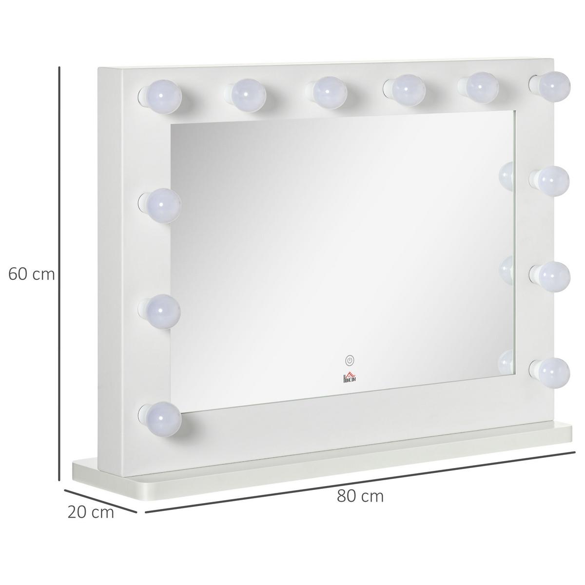 HOLLYWOOD Spiegel 80 x 60 cm Schminkspiegel mit LED-Beleuchtung, Touchschalter - Weiß, Metall (80/60/20cm) - HOMCOM