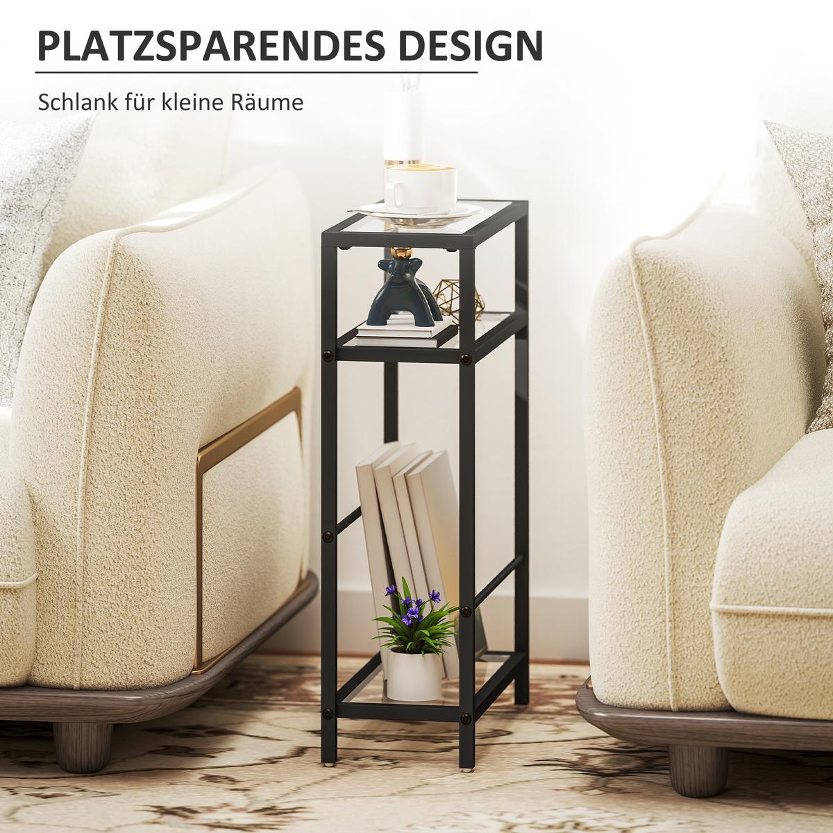 BEISTELLTISCH kleiner Couchtisch mit 3 Ebenen, Tischplatte aus Hartglas Schwarz - Schwarz, Metall (40/18/62cm) - HOMCOM