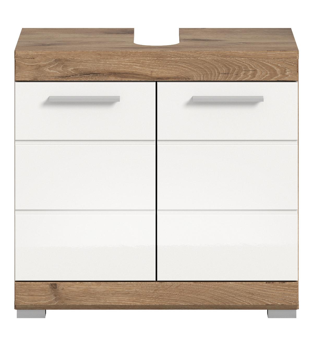 WASCHBECKENUNTERSCHRANK weiß Hochglanz, Eiche 60 cm, 2-türig - Chromfarben/Weiß Hochglanz, Holzwerkstoff/Kunststoff (60/56/31cm) - Inn.Furn