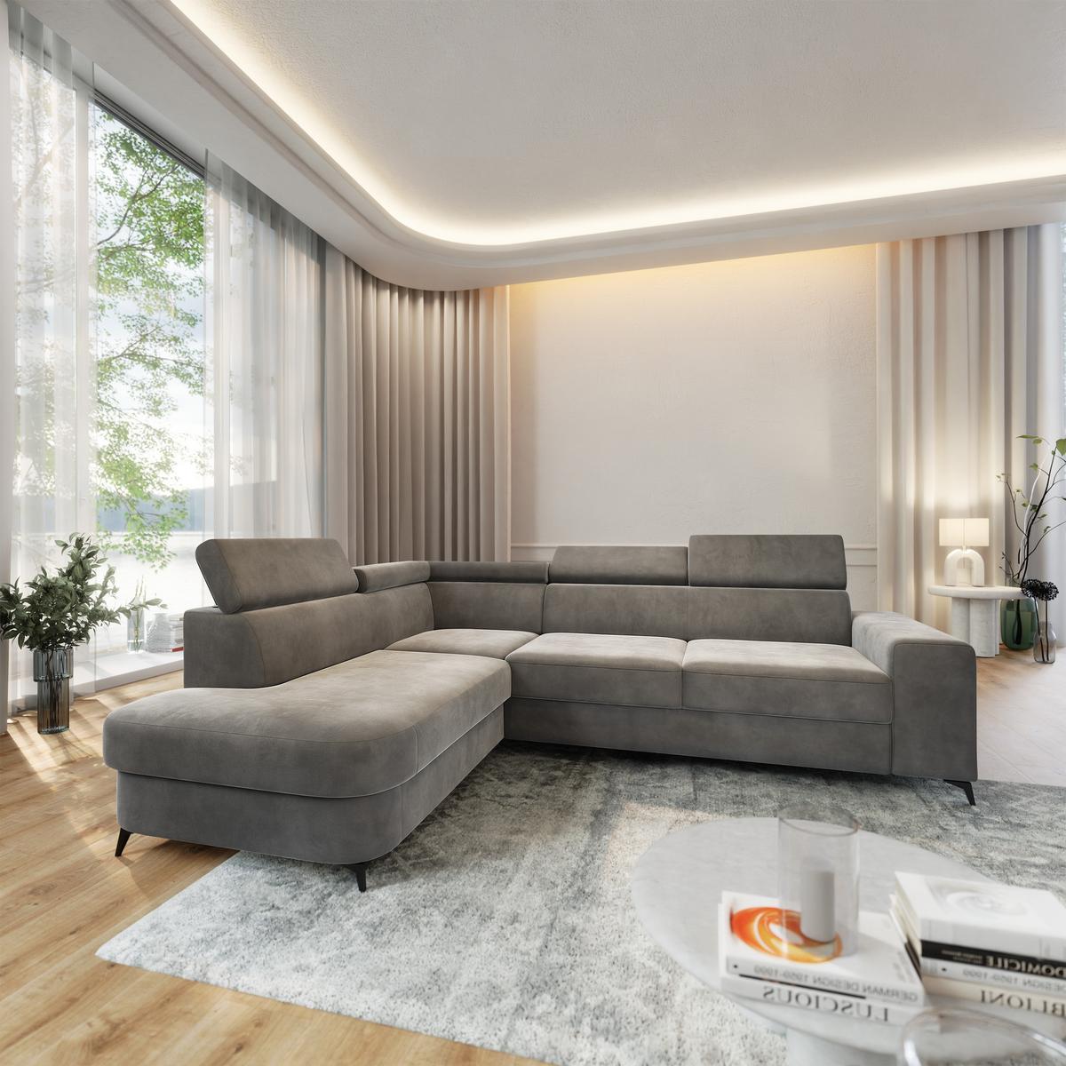 ECKSOFA ALVORO L-S Grau Velours-Stoff mit Schlaffunktion - Grau, Holz (253/190cm) - MASSENO