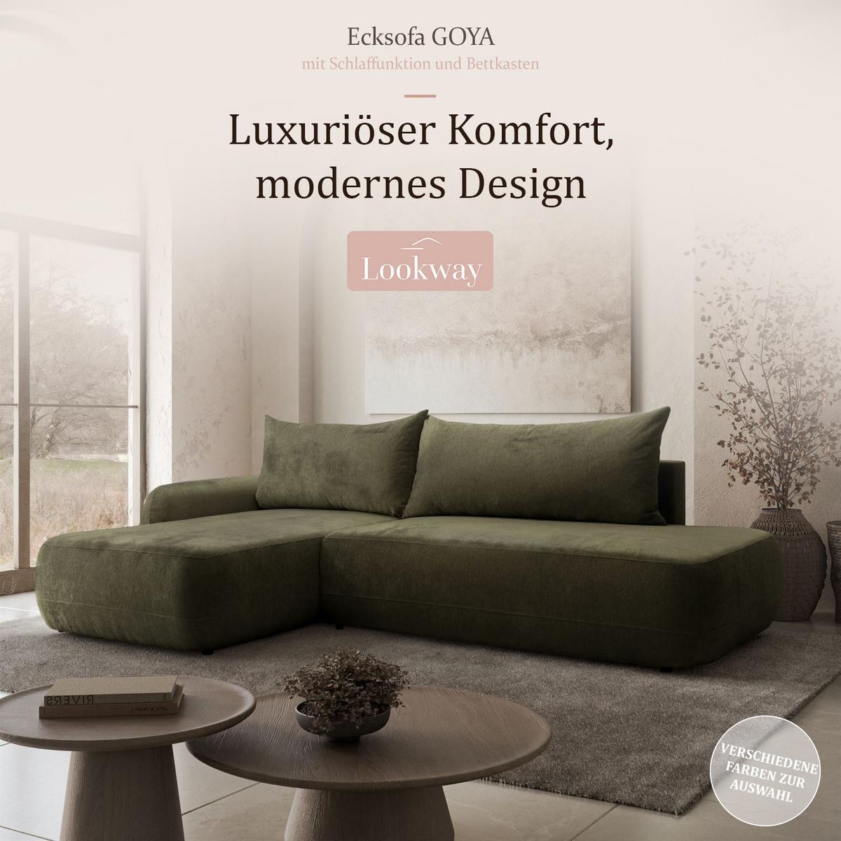 ECKSOFA GOYA mit Schlaffunktion und Bettkasten, Rechte, Perfect Harmony 39 - Waldgrün, Textil (302/184cm) - Lookway