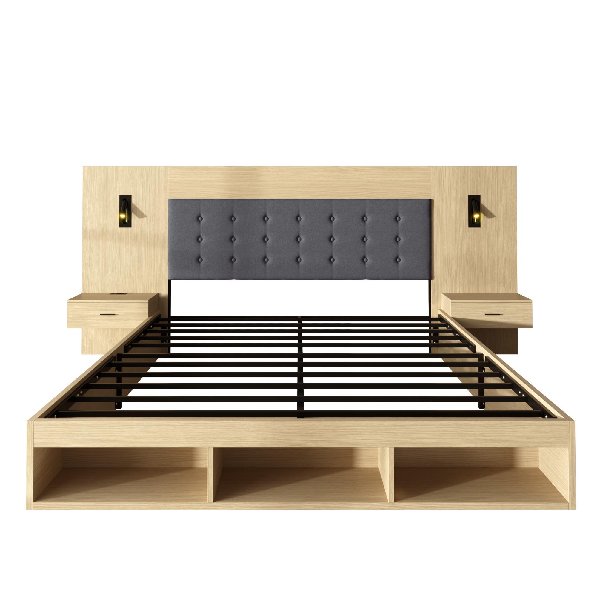 DOPPELBETT 180x200 Helle Eiche mit Stauraum, USB, Leselampe & 2 Nachttischen - Eichefarben, Holzwerkstoff (180/200cm) - Urban Meuble