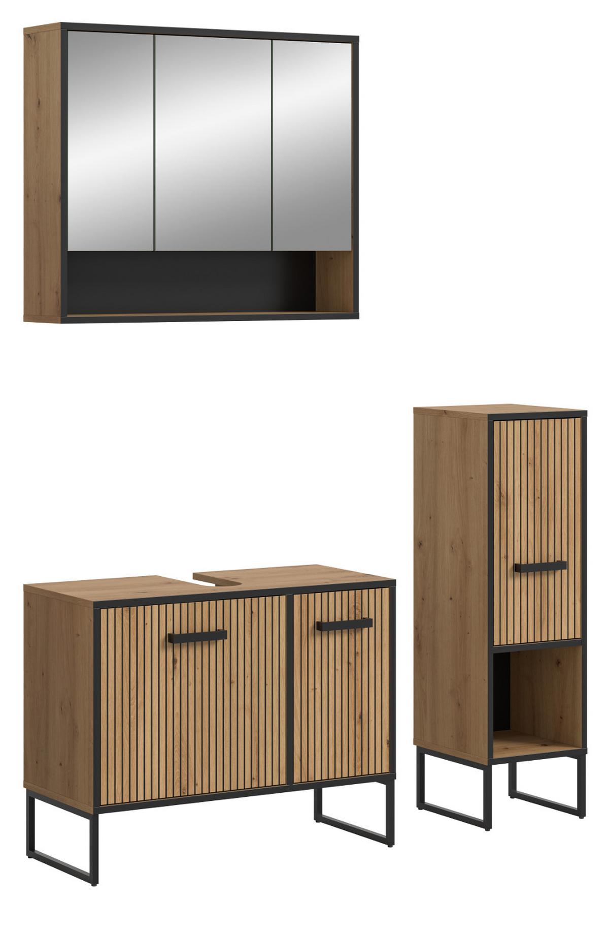 BADMÖBEL-SET 3-teilig Eiche Artisan, schwarz 125 cm, Badkombination mit Soft-Close - Schwarz/Eiche Artisan, Glas/Holzwerkstoff (125/192/36cm) - Inn.Furn
