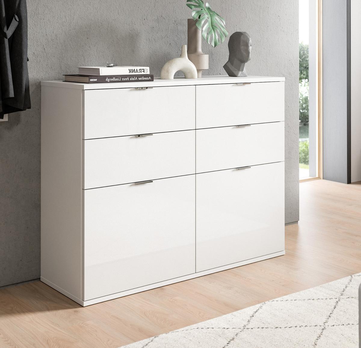 KOMMODE weiß Hochglanz 110 cm, Schuhschrank mit 4 Vollauszug Schubkästen und 4 Fächern - Chromfarben/Weiß Hochglanz, Holzwerkstoff/Kunststoff (110/85/37cm) - Inn.Furn