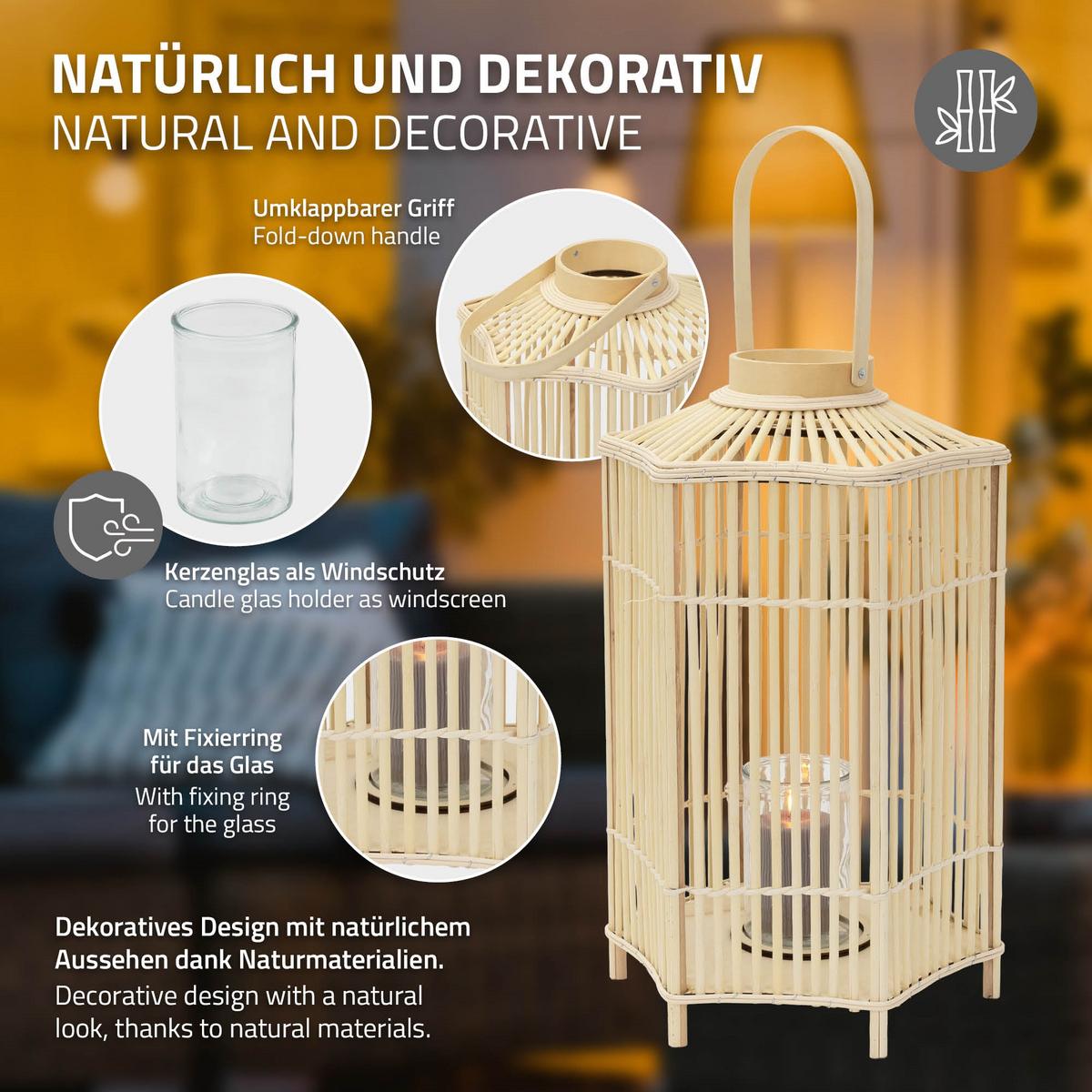 BAMBUS LATERNE H: 75 cm Holzfarbe Boho Stil - Naturfarben, Holz (35/75/35cm) - ECD-Germany