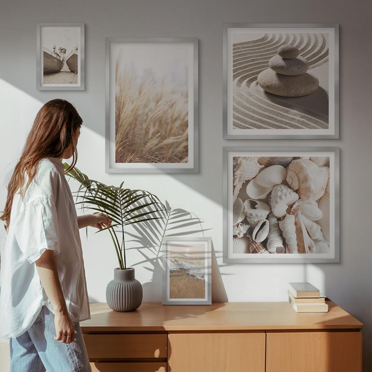 BILDER SET 5er Set - 50x50 cm & 20x30 cm & 40x60 cm Silberner Rahmen - Wolkenmeer, Traumfänger, Gras - Silberfarben, Kunststoff (40/60cm) - TULUP