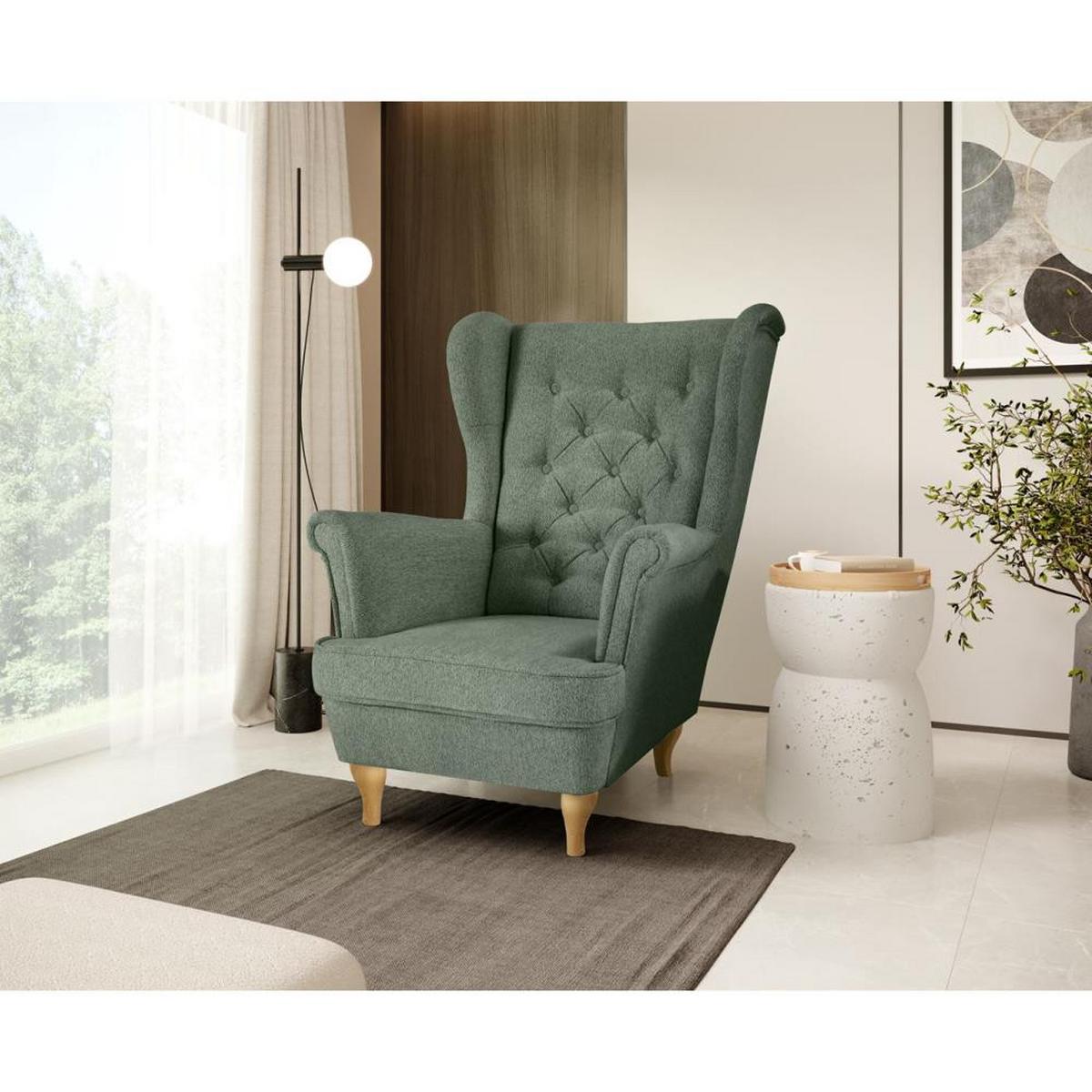 CHESTERFIELD-SESSEL Falco grün mit Buche Holzbeinen - Grün, Holz/Textil (82/102/92cm) - Beautysofa