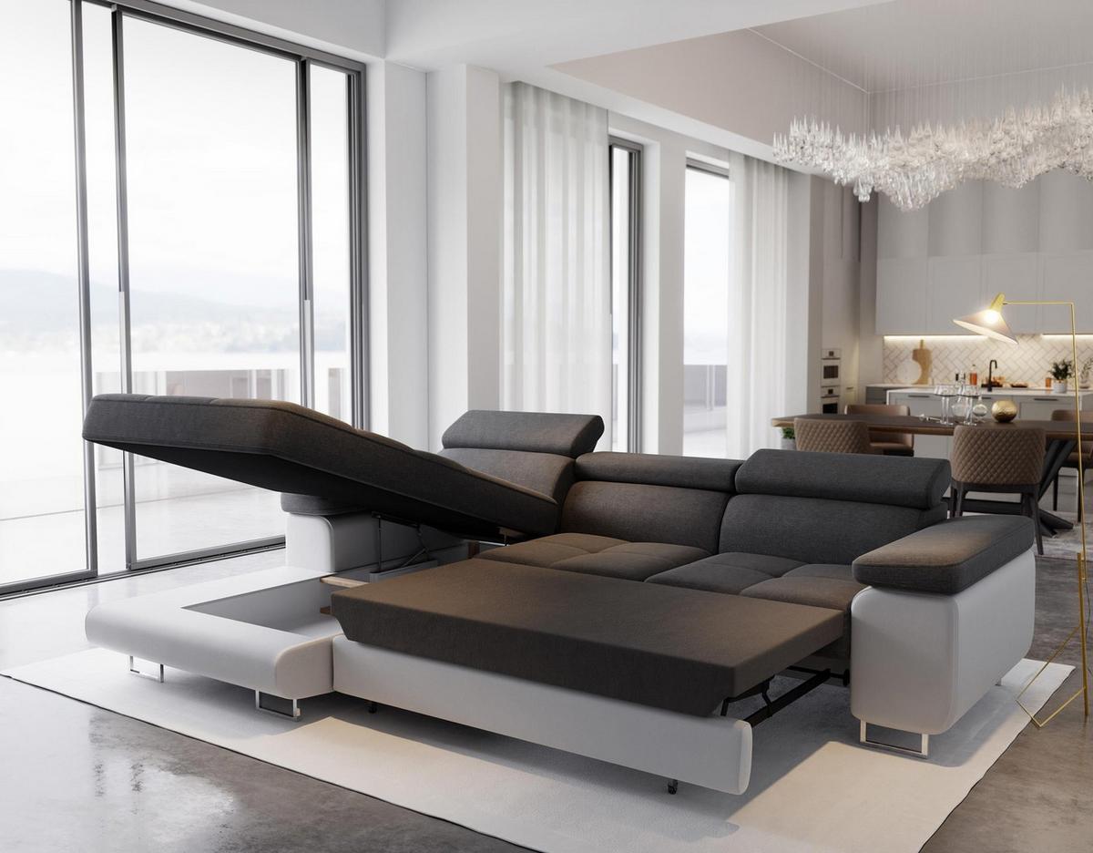 ECKSOFA ELMA L-S Schwarz Velours-Stoff mit Schlaffunktion - Silberfarben/Schwarz, Holz/Textil (280/205cm) - MASSENO
