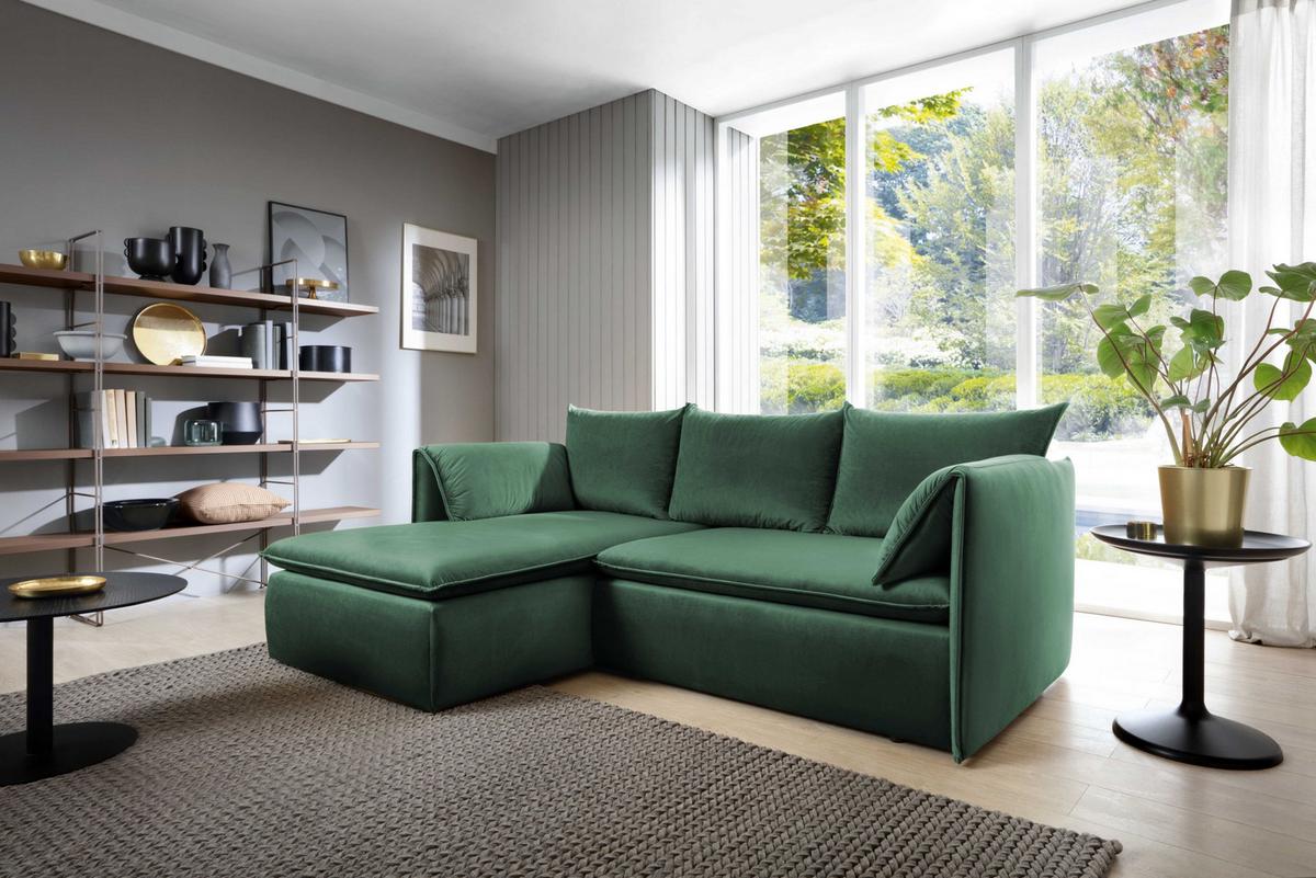 ECKSOFA PREGIO Grün Plüsch-Stoff mit Schlaffunktion - Grün, Holz (230/166cm) - MASSENO