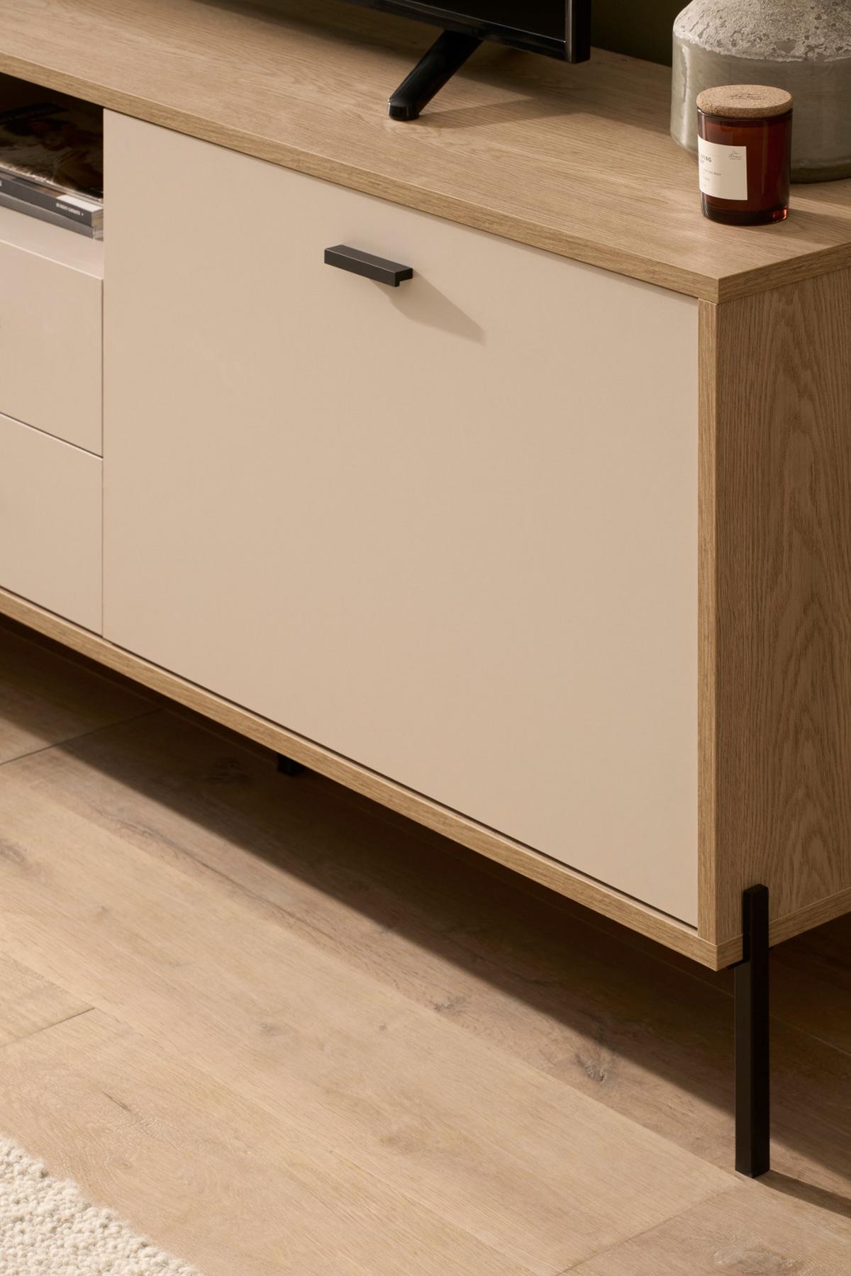 TV-LOWBOARD Kaschmir, Eiche 195 x 64 cm, TV Unterteil mit Soft-Close, Komforthöhe - Kaschmir/Eichefarben, Holzwerkstoff/Metall (195/64/40cm) - Furn.Design