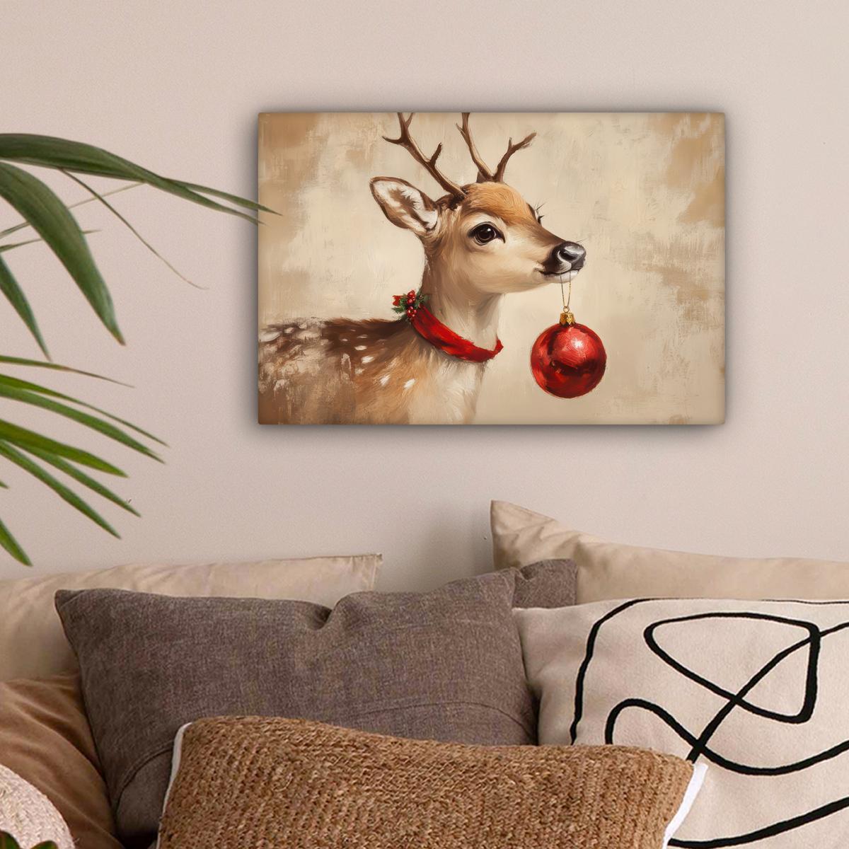 LEINWANDBILD Weihnachten - Hirsch - Geweih - Weihnachtskugel - Rentier Deko Schlafzimmer 30x20 cm - Hellbraun, Textil (30/20cm) - MuchoWow