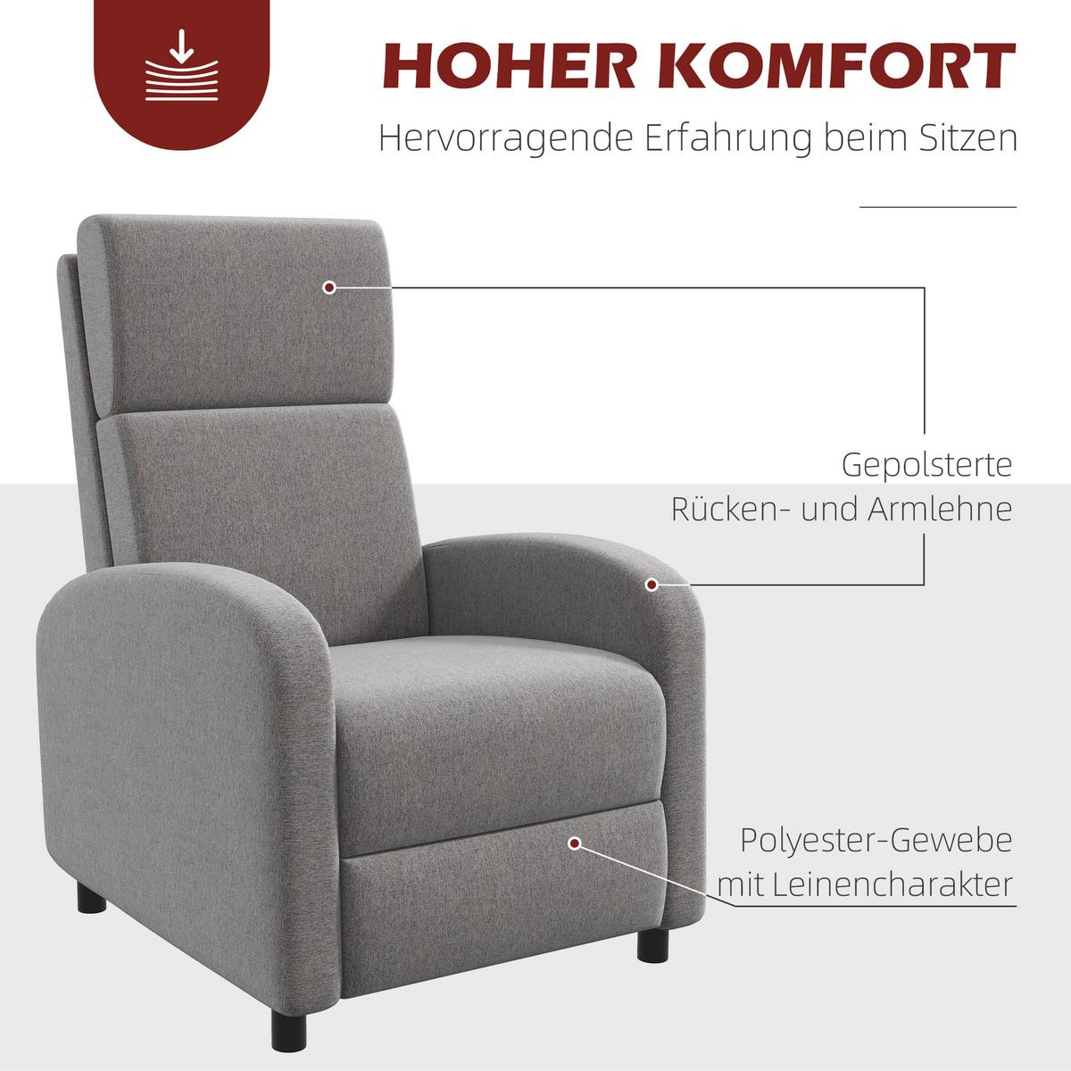 RELAXSESSEL gepolstert Fernsehsessel mit Liegefunktion bis 120 kg Belastbar Grau - Schwarz/Grau, Kunststoff/Textil (64/102/86cm) - HOMCOM