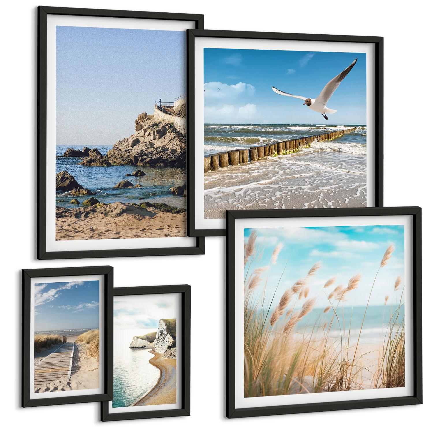 BILDER SET 5er Set - 50x50 cm & 20x30 cm & 40x60 cm Schwarzer Rahmen - Tropische türkisfarbene Inseln - Schwarz, Kunststoff (40/60cm) - TULUP