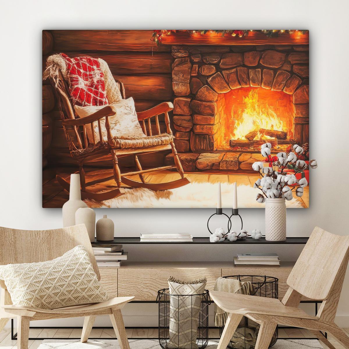 LEINWANDBILD Winter - Weihnachten - Zuhause - Kamin Wohnzimmer Groß 120x80 cm - Bernsteinfarben, Textil (120/80cm) - MuchoWow
