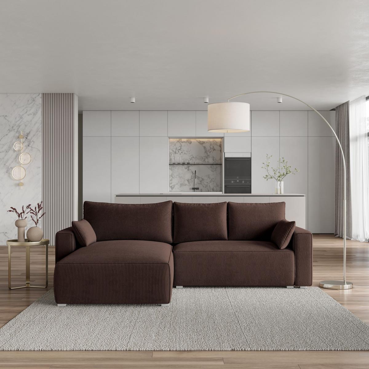 ECKSOFA FORIL P Braun Kordstoff mit Schlaffunktion - Braun/Grau, Holz/Kunststoff (265/178cm) - MASSENO
