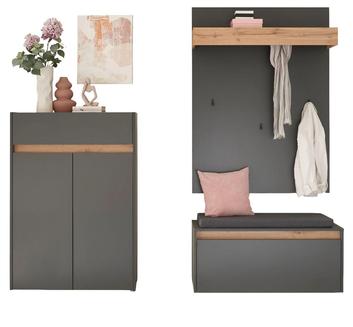GARDEROBEN-SET grau Eiche Wotan 4-teilig 195 cm, Flurgarderobe inklusive Sitzkissen - Eiche Wotan/Schwarz, Holzwerkstoff/Kunststoff (195/200/40cm) - Furn.Design