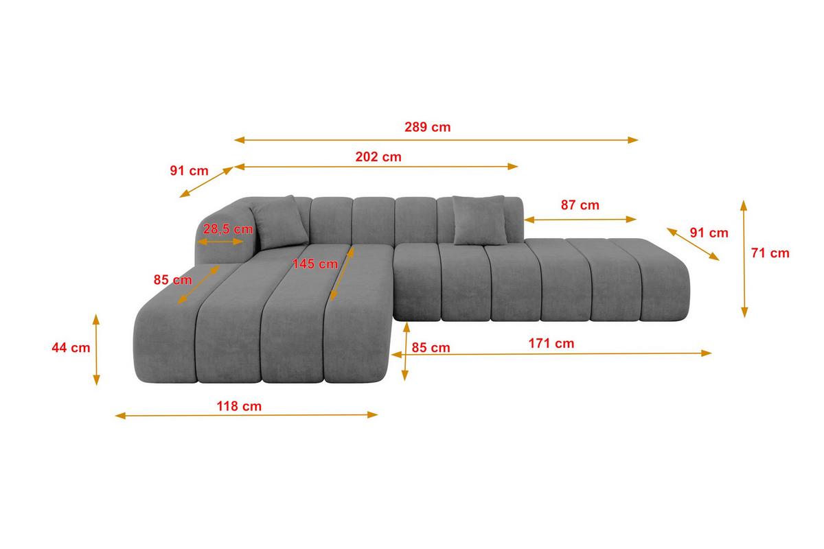 ECKSOFA Ottomane Links BILA-L 289x176x71 Grau Samt - Taupe/Schwarz, Holzwerkstoff/Kunststoff (176/289cm) - ALTDECOR