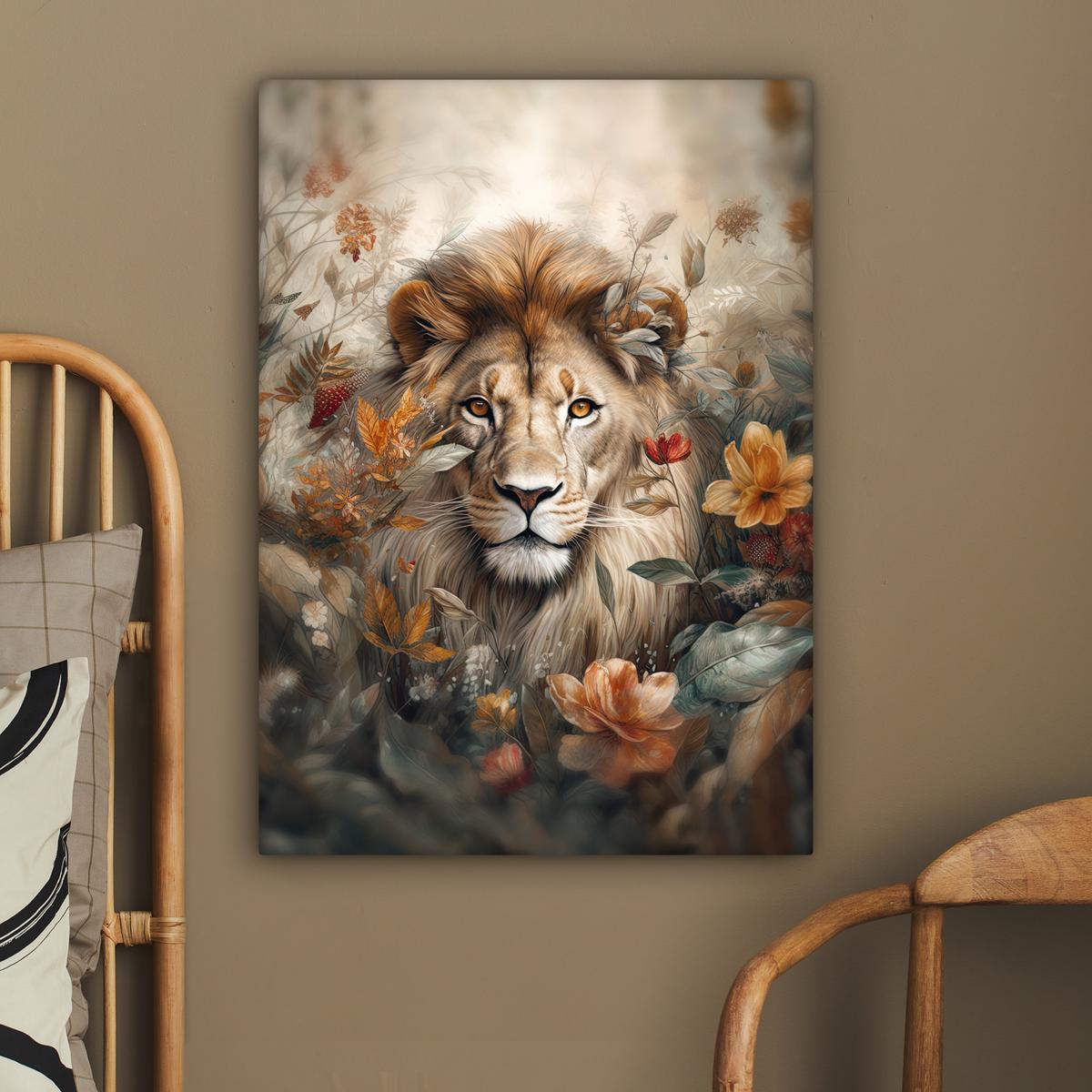 LEINWANDBILD Löwe - Wildtiere - Pflanzen - Natur - Blumen Wandbild Wohnzimmer 60x80 cm - Beige, Textil (60/80cm) - MuchoWow