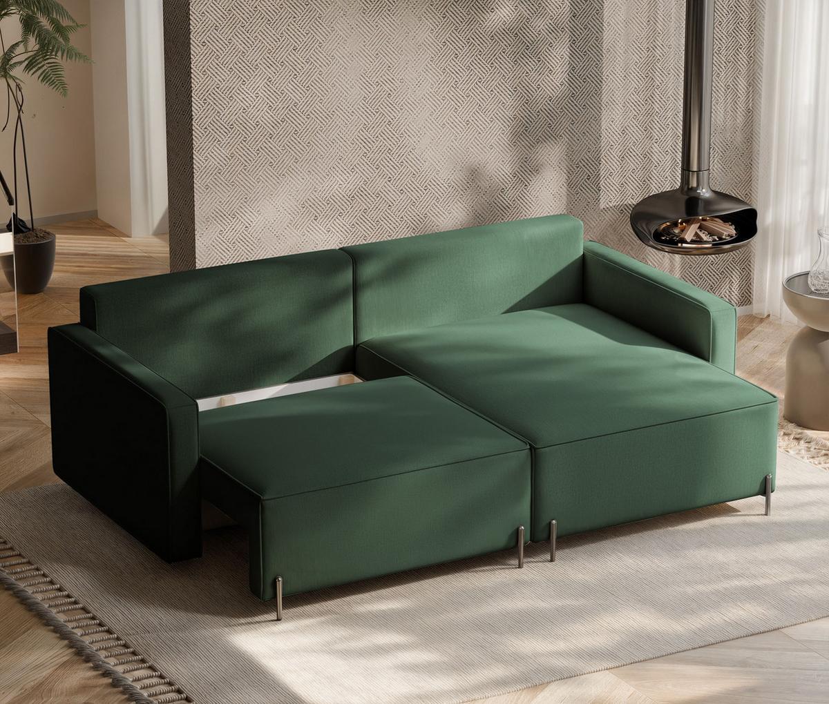 ECKSOFA LEO Rechts, mit Schlaffunktion und Bettkasten, Grün - Grün, Textil/Metall (229/148cm) - Idohome