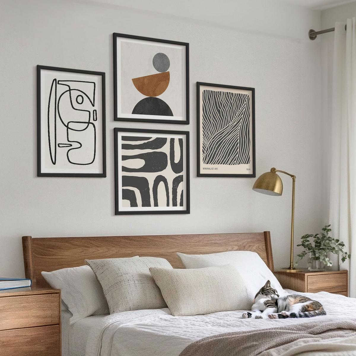 BILDER SET 4er Set - 50x50 cm & 40x60 cm Schwarzer Rahmen - Abstrakte Muster mit Linien - Schwarz, Kunststoff (50/50cm) - TULUP