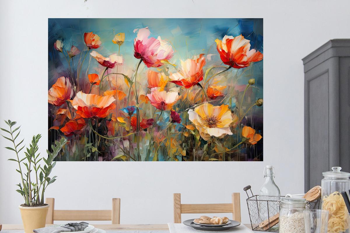 WANDTATTOO Blumen - Aquarell - Kunst - Botanisch - Natur Wandsticker 120x80 cm - Orange, Kunststoff (120/80/0.1cm) - MuchoWow