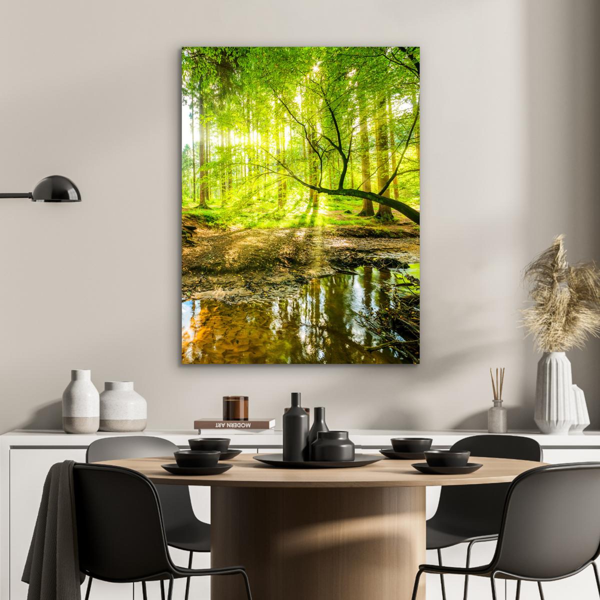 METALLBILD Wald - Landschaft - Wasser - Bäume - Sonne - Grün - Natur 60x80 cm - Grün, Metall (60/80cm) - MuchoWow