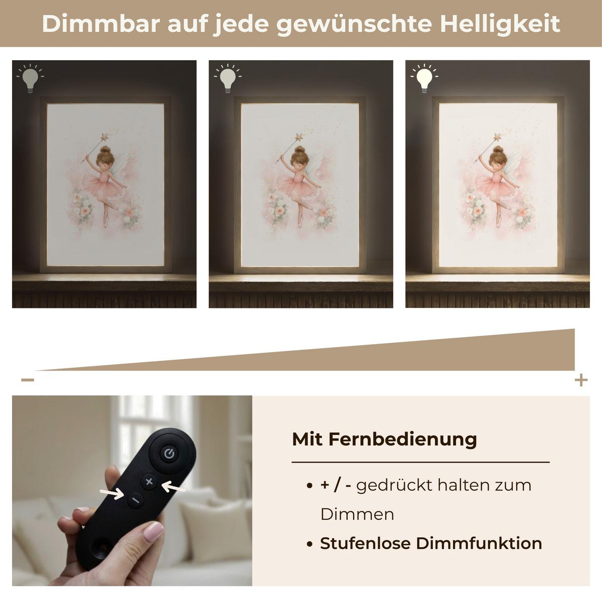 WANDLEUCHTE MIT AKKU Ballerina - Fee - Blumen - Rosa 30x40 cm - Rosa, Holzwerkstoff (30/40/8cm) - OnlyWow