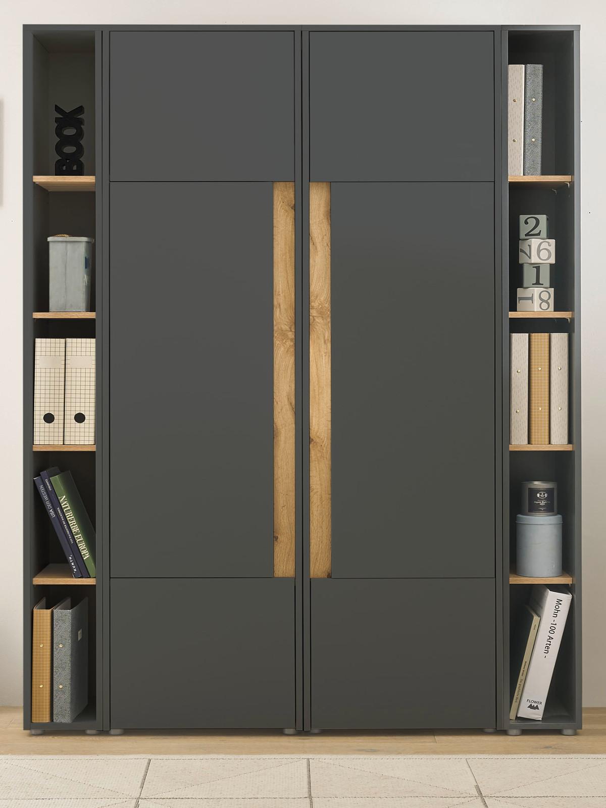 AKTENSCHRANK Set 4-teilig grau matt, Eiche Wotan 140 x 200 cm, Schrank-Regal-Kombination mit 20 Fächern - Eiche Wotan/Schwarz, Holzwerkstoff/Kunststoff (140/200/40cm) - Furn.Design