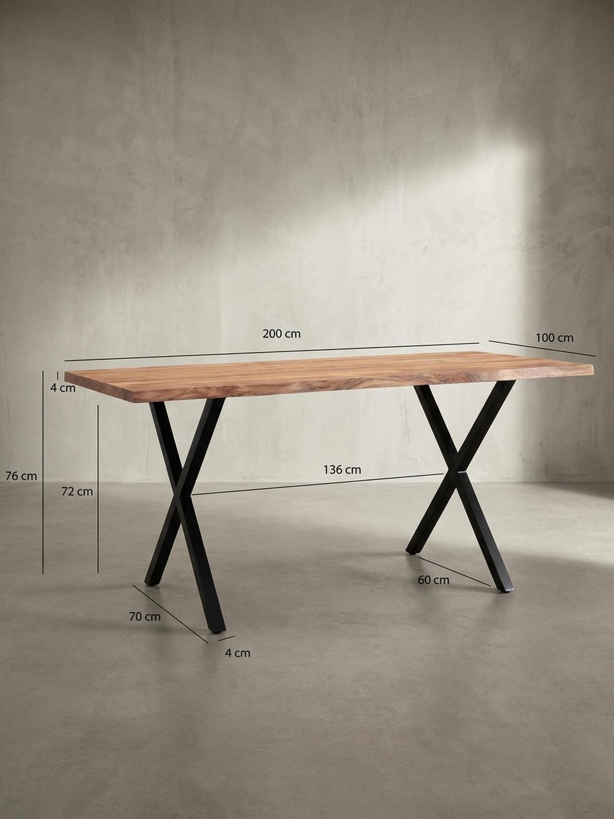 ESSTISCH Massivholz Metall X-Gestell Baumkante Industrial KRETA, Goldbraun-Schwarz 200x100x76 cm - Schwarz/Braun, Holz/Metall (100/200/76cm) - KADIMA DESIGN