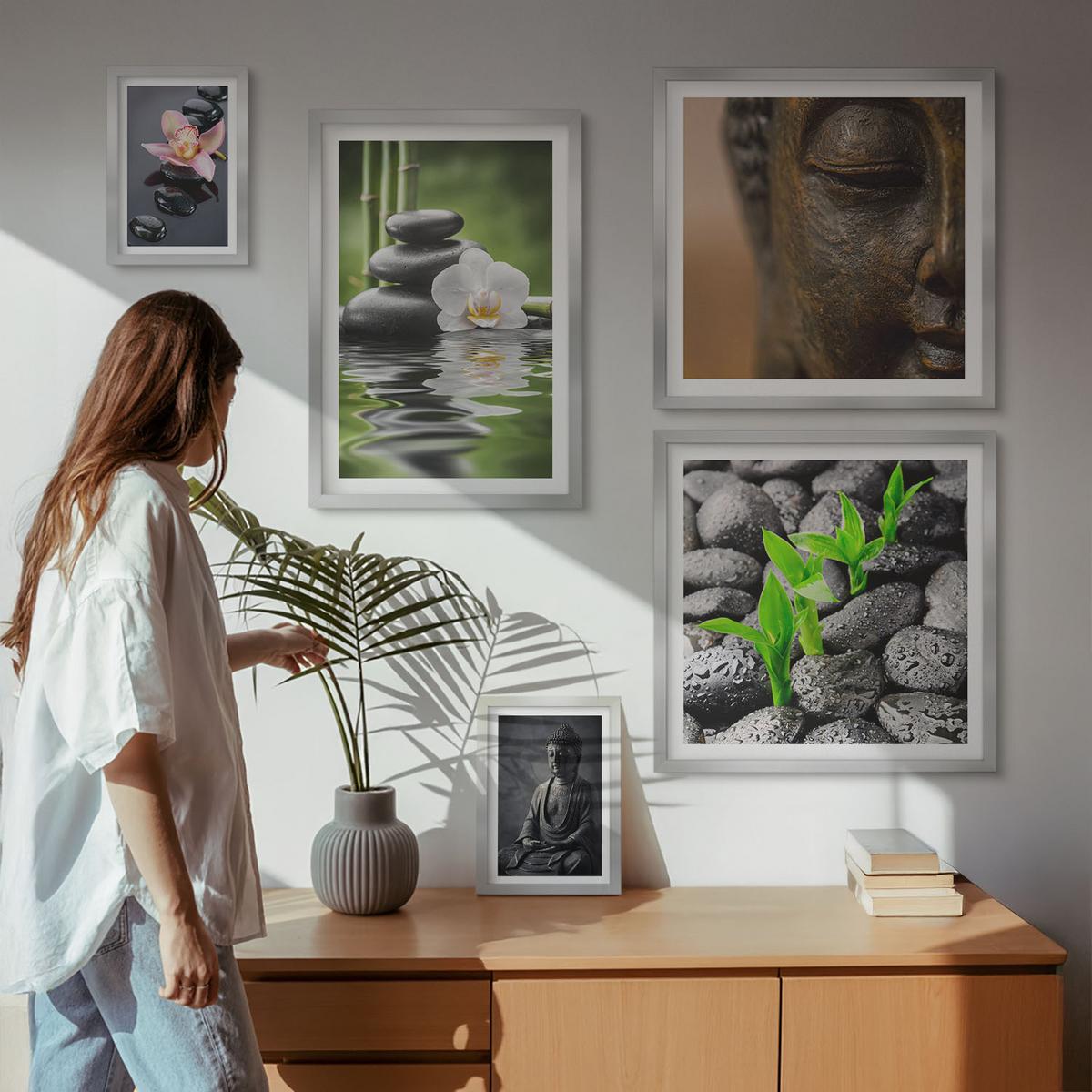BILDER SET 5er Set - 50x50 cm & 20x30 cm & 40x60 cm Silberner Rahmen - Blumen in Vasen als Dekoration - Silberfarben, Kunststoff (40/60cm) - TULUP