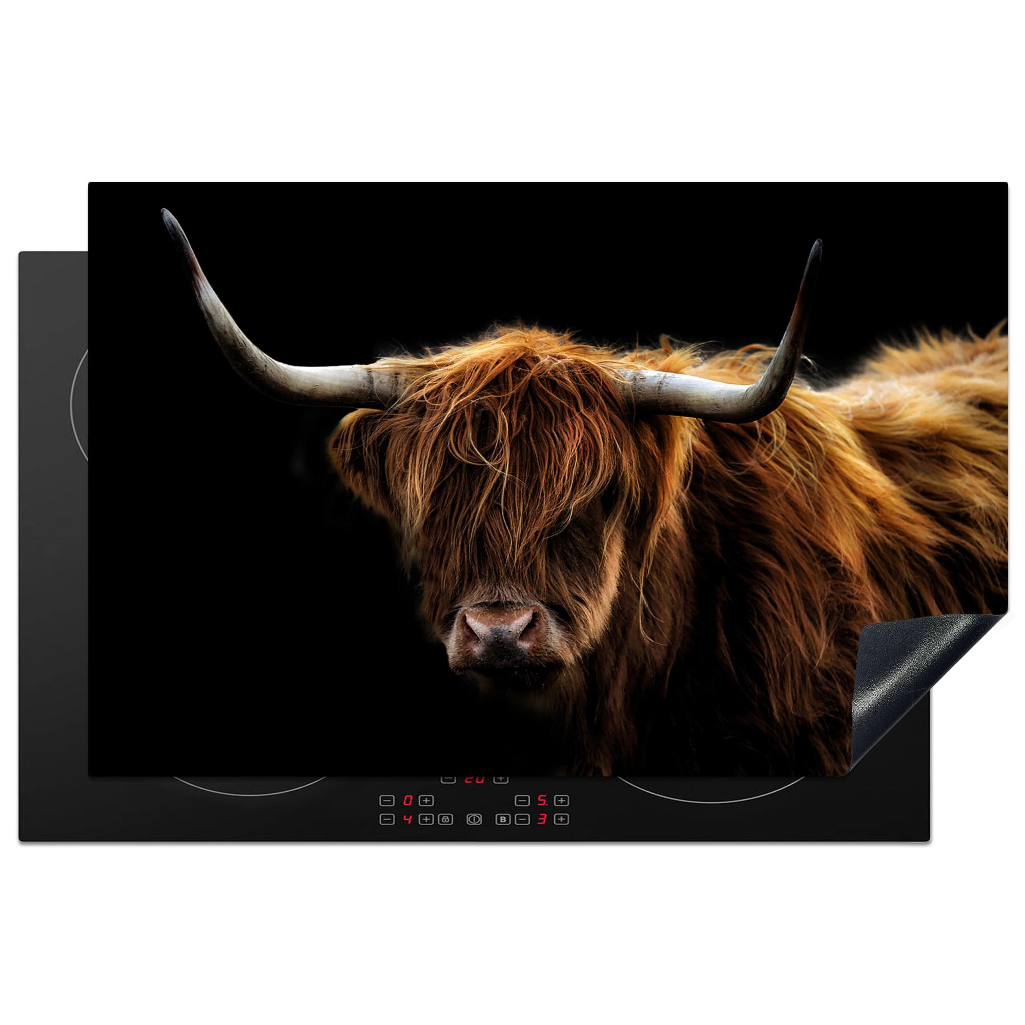 HERDABDECKPLATTE Schottischer Highlander - Hörner - Schwarz - Tiere - Natur - Wild - Kuh Induktionsschutz 80x52.2 cm - Cognac, Kunststoff (80.2/52.2/0.2cm) - MuchoWow