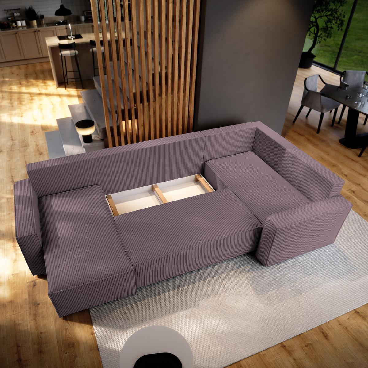 WOHNLANDSCHAFT NORENA R-S Lila Kordstoff mit Schlaffunktion - Lila, Holz (295/85/157.5cm) - MASSENO