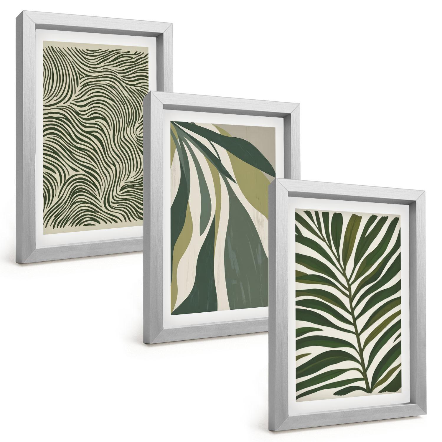 BILDER SET 3er Set - 20x30 cm Silberner Rahmen - Blätter mit wellenförmigen grünen Linien - Silberfarben, Kunststoff (20/30cm) - TULUP