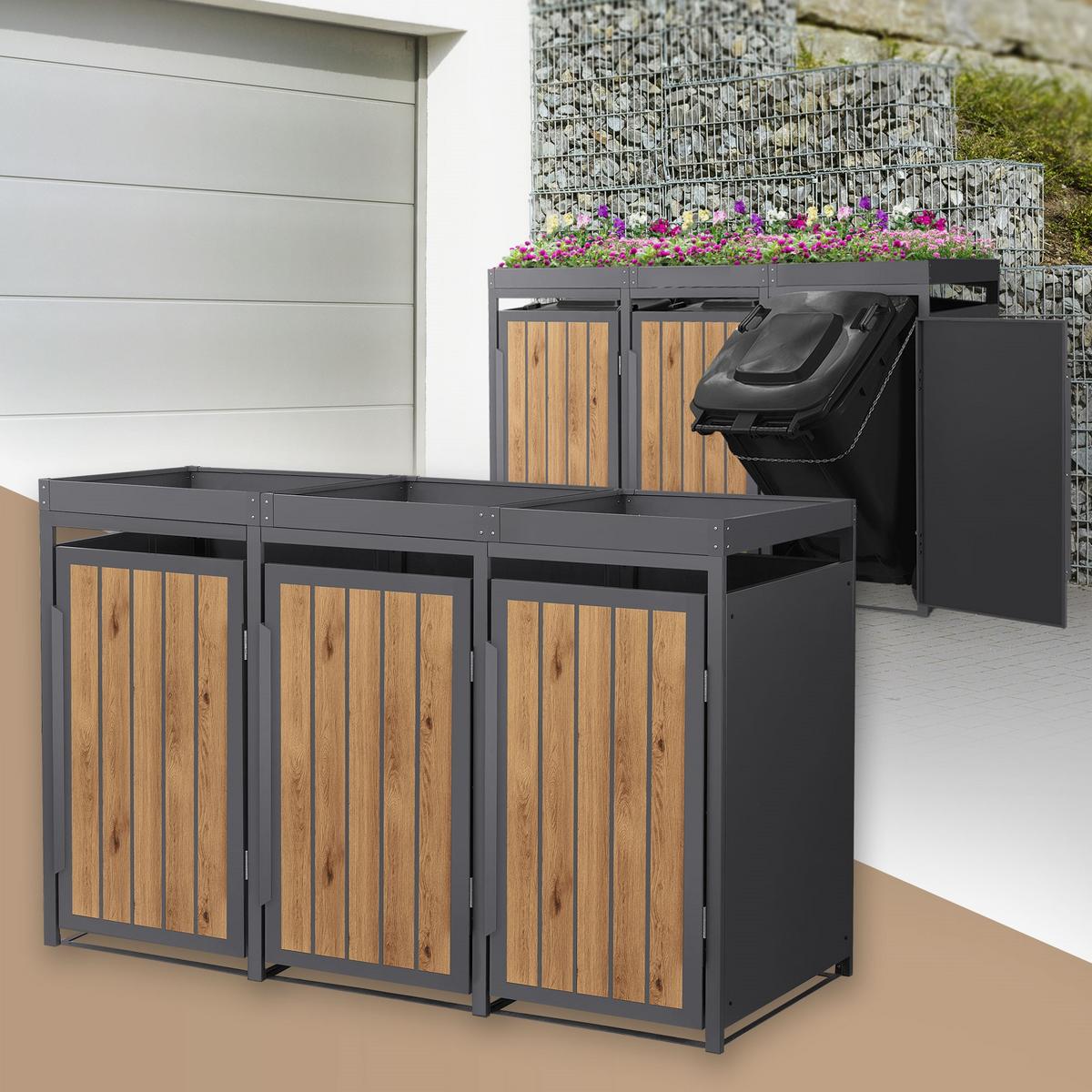 MÜLLTONNENBOX 3er mit Pflanzdach 240L Anthrazit-Holzoptik aus Stahl - Hellbraun, Metall (80/124/196cm) - ML-DESIGN