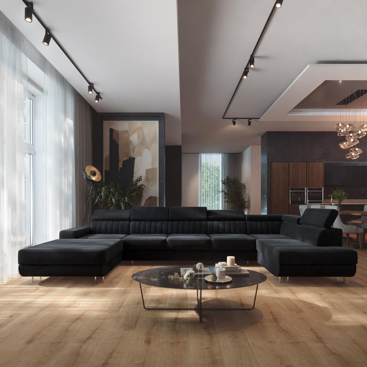 WOHNLANDSCHAFT GAIAN Schwarz Velours-Stoff mit Schlaffunktion - Schwarz, Holz (412/88/190cm) - MASSENO