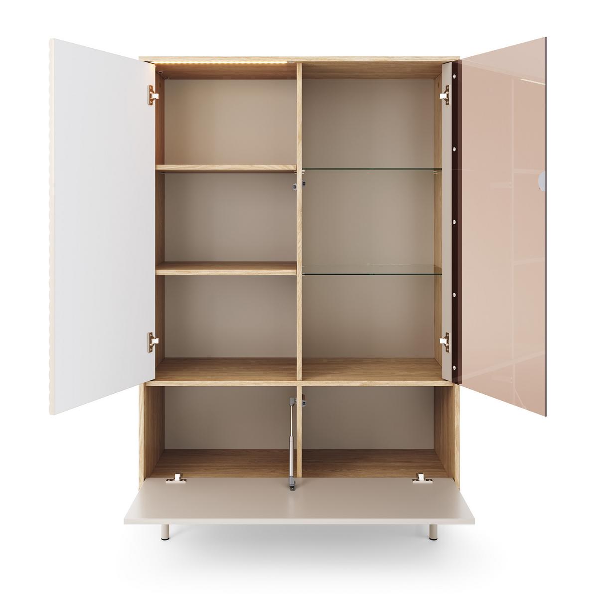 VITRINE Terra mit 3 Türen und LED-Beleuchtung, Kaschmir/geölte Eiche - Kaschmir, Holzwerkstoff/Metall (100/152/40cm) - Beautysofa