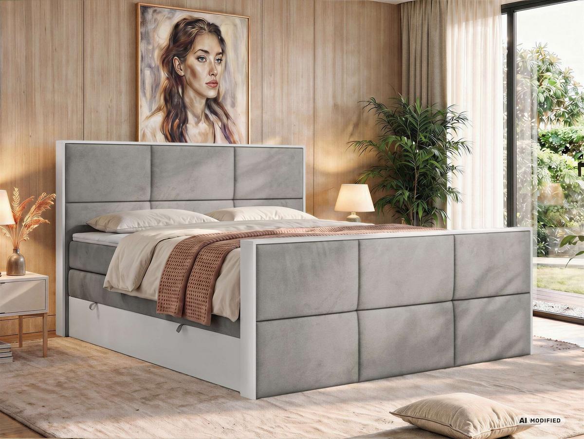 BOXSPRINGBETT DELVIT KING DUO 140/200 - Hellgrau Velvet - Topper Visco - H3 - Hellgrau/Schwarz, Kunststoff/Textil (140/200cm) - MKS
