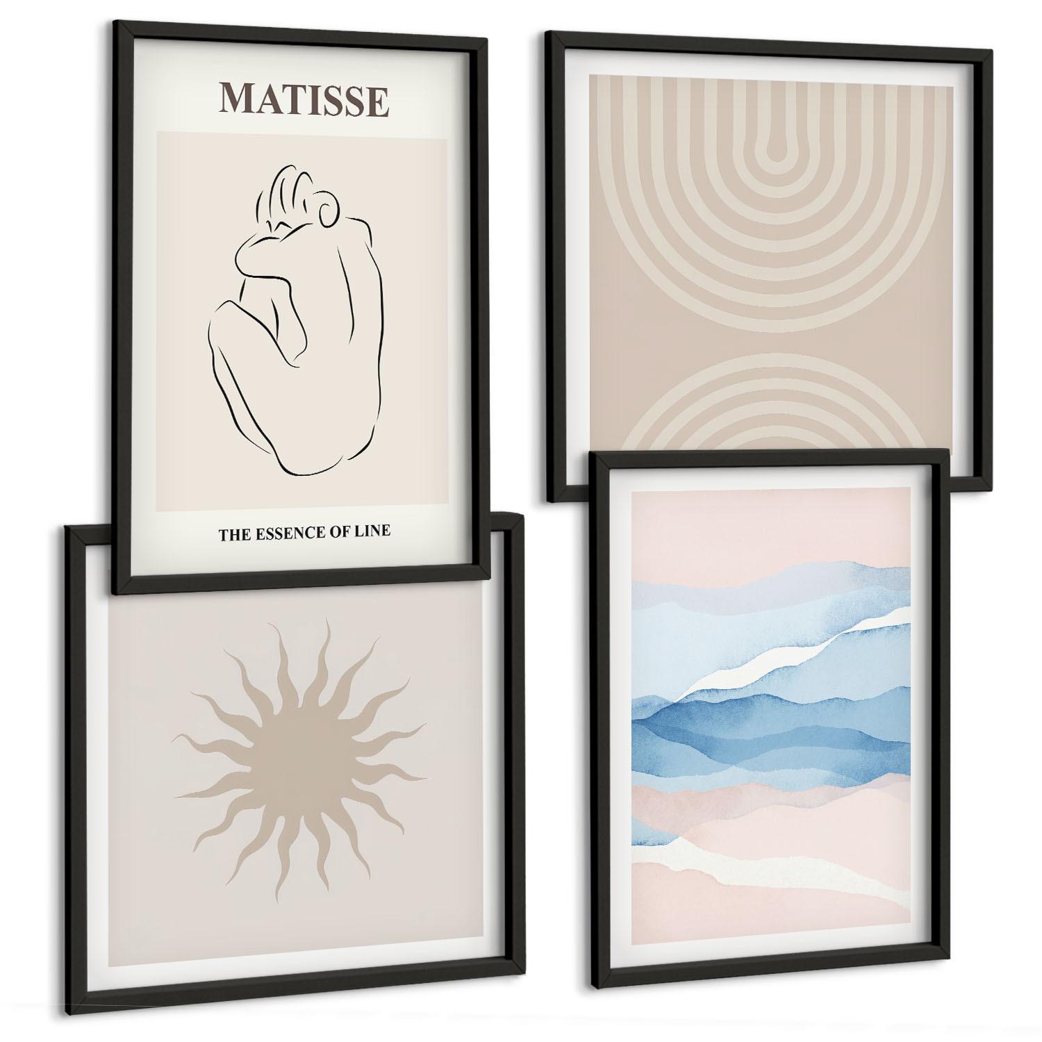 BILDER SET 4er Set - 50x50 cm & 40x60 cm Schwarzer Rahmen - Linien, Wellen, Pastellfarben, minimalistisch - Schwarz, Kunststoff (50/50cm) - TULUP